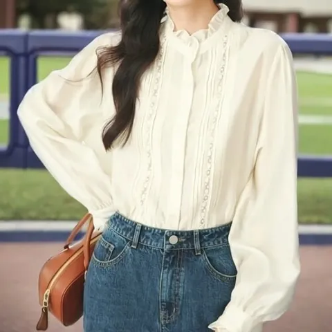 [디자이너몰][SALE]여성 프릴 레이스 넥 포인트 페미닌 블라우스