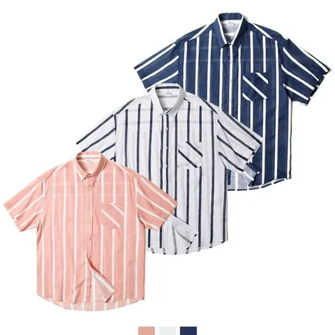 [모로엠]남자 프롬 스트라이프 린넨반팔셔츠 오버핏반팔셔츠 ON-