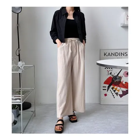 캐주얼룩 여성용 린넨 밴딩 통바지 일자 와이드 시원한 바지