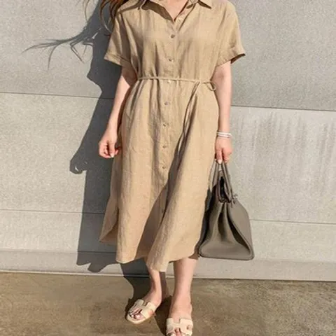 원피스 OPS 시원한 여성 린넨 롱 반팔 셔츠 허리끈 여름