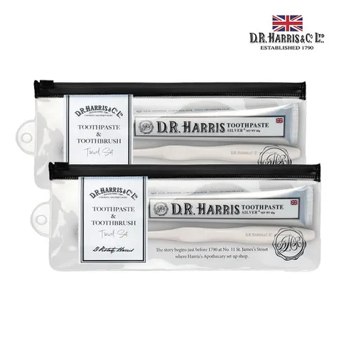 디알해리스 프리미엄 휴대용 치약&칫솔 2세트 고급파우치 위생캡 포함 여행용 기내반입
