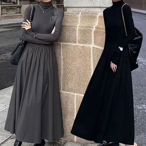 하이웨스트 A라인 여성 긴팔 목티 롱 원피스 체형커버 겨울원피스
