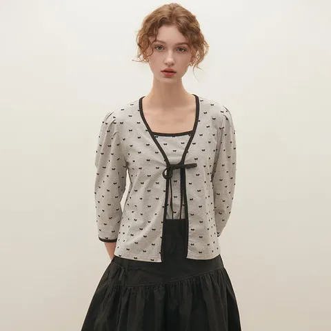 [SATIN] 미니 리본 포인트 나시 가디건 세트 O253T502