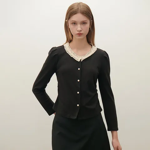 [SATIN] 배색 레이스 카라 진주버튼 가디건 O253T965