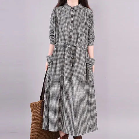 나바바 / NO939 루즈핏 포켓 허리끈 체크 긴팔 롱 셔츠 원피스