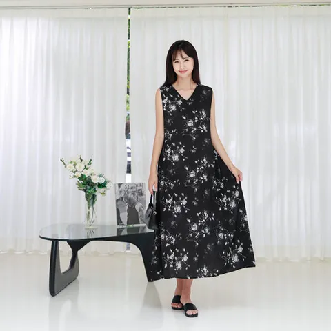 브이넥 플라워 패턴 A라인 맥시 롱 민소매 나시 원피스 40-50대