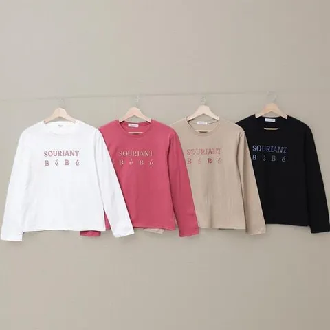 여성 자수 레터링 긴팔 기본 라운드 면 티셔츠