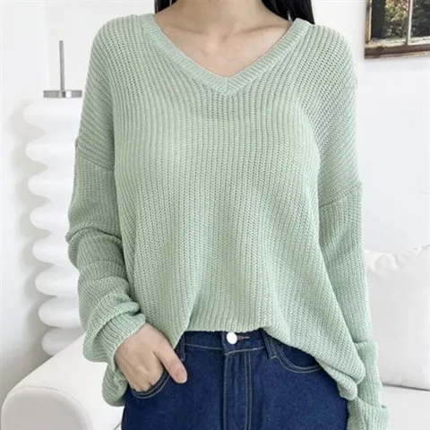 의류 여름 봄 4색 여자 브이넥 니트 니트티 긴팔티 데일리 여성