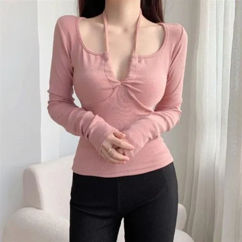 여름 긴팔티 스트랩티 청순 여성 엑스스 섹시 티셔츠 의류 얇은티 스트랩 데일리