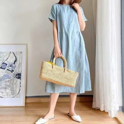 롱원피스 얇은 여름 반팔 A라인 롱원피스 면소재 심플 마실룩
