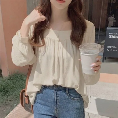 상의 블라우스 의류 셔링 쉬폰 예쁜 긴팔 스퀘어넥 데일리 여성