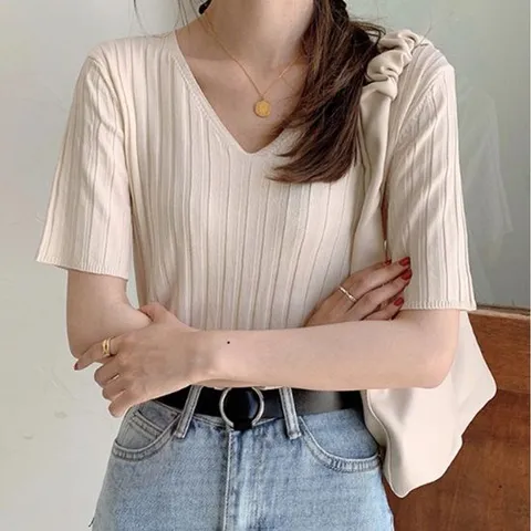 브이넥 골지 니트 반팔티 여름니트 티 오피스룩 오피스룩