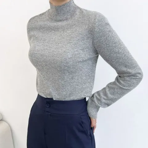 여자 그레이 니트 목폴라 긴팔 슬림핏 정핏 목폴라니트