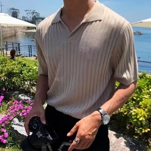 남성 베이직 카라 니트티 여름 반팔티 니트 티셔츠