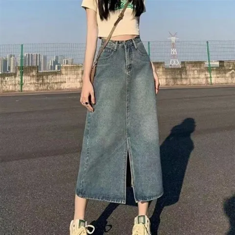 밑단 미디스커트 스커트 슬릿 데일리 데님 트임 롱 청치마 의류