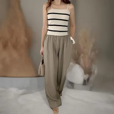 여성용 린넨 레이온 밴딩 와이드 팬츠 포켓 디자인