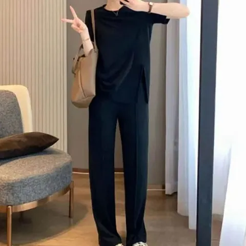 여성 여름 캐주얼룩 트임 반팔티 밴딩 핀턱 바지 세트 편한여름옷