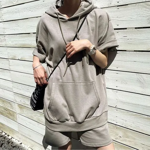 여자 여름 데일리 편한 후드 반팔 반바지 세트 여성티셔츠