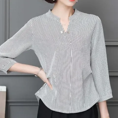 여성 간절기 스트라이프 쉬폰 폴리 여름 면 블라우스