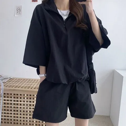 여성반집업 여성 스포티 여름 반팔반바지 상하의 반집업카라 세트