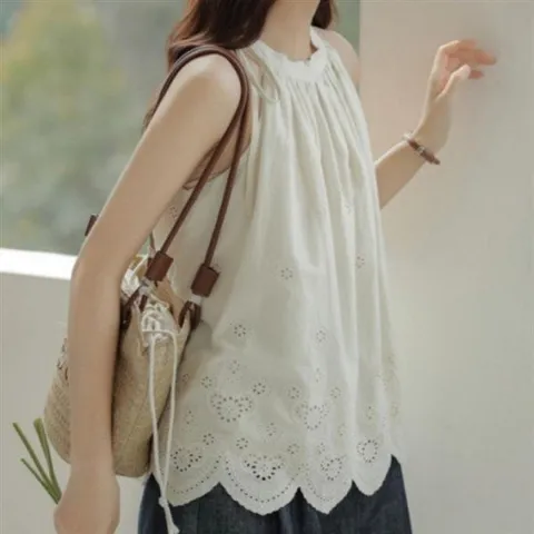 데일리 레이스 의류 홀터넥 자수 데일리 여성 블라우스 펀칭 여름 나시