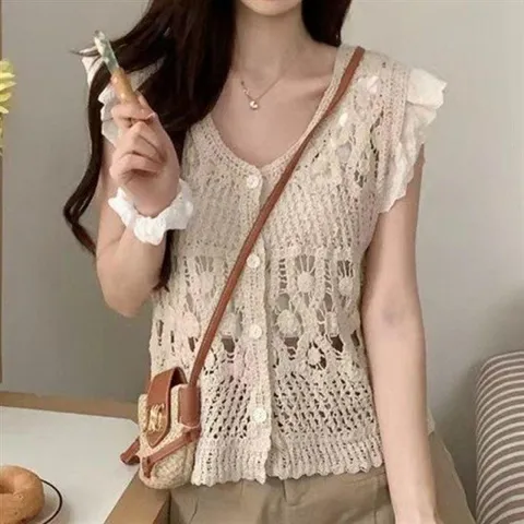 여자 크로셰 여성 베이지 의류 뜨개 여름 조끼 베스트 데일리 니트 망사 가디건