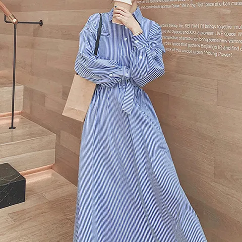 [아리엘스타일]스트라이프 셔츠 롱원피스 보리아롱원피스
