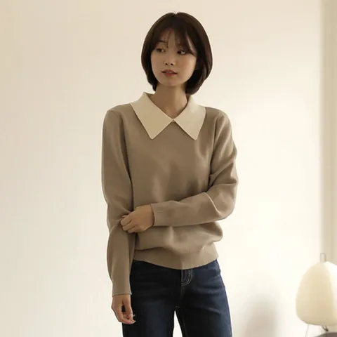 빼빼닷컴 배색 카라넥 긴팔 니트 티셔츠