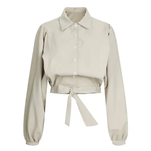 [샵앤][샵앤] 여성 루즈핏 카라넥 퍼프 가오리 밑단리본 면 블라