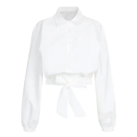 [샵앤][샵앤] 여성 루즈핏 카라넥 퍼프 가오리 밑단리본 면 블라