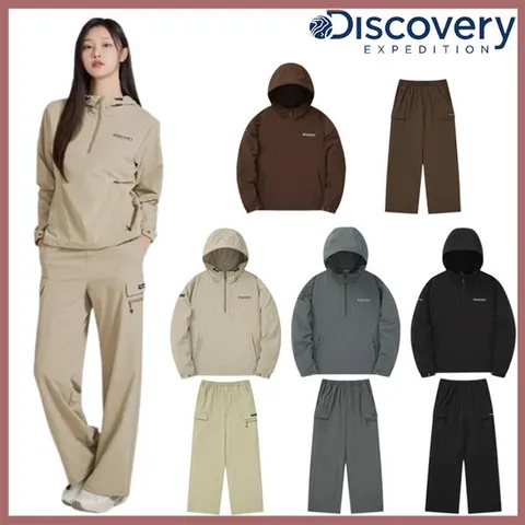 [ 롯데백화점 ]디스커버리 [택가 278,000원] 24FW 이월/할인 여성 우븐 에센셜 트레이닝 후드 아노락 반집업/스트링 와이드팬츠 세트 DWTR36044,DWTP36044-GSAN