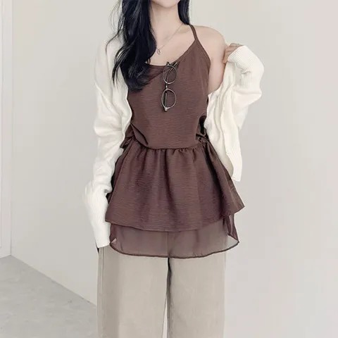 코키코키 /  레이어드룩/체형커버  피오니스트링 셔링리본 실키캉캉 프릴나시블라우스