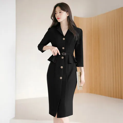 [시크라인] 엘로니아 카라 날개장식 H라인 벨트 원피스