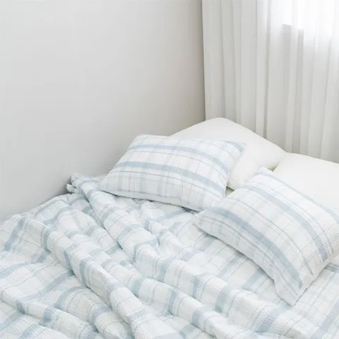 체크 여름 침구 세트 Q 블루 시어커서 이불 베개 이불패드세트 여름침구세트 시어서커침구 기숙사침구세트 자취생침구세트 이불베개세트 시원한이불베개 여름이불베개세트