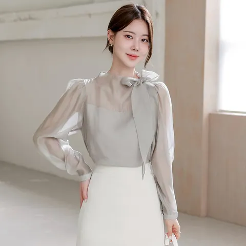 [오브리에] [긴팔버전] 로이샤 리본 타이 블라우스