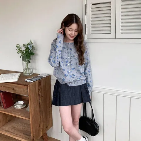 옷자락 / 여자 러블리 꽃패턴 라운드넥 긴팔 니트 가디건