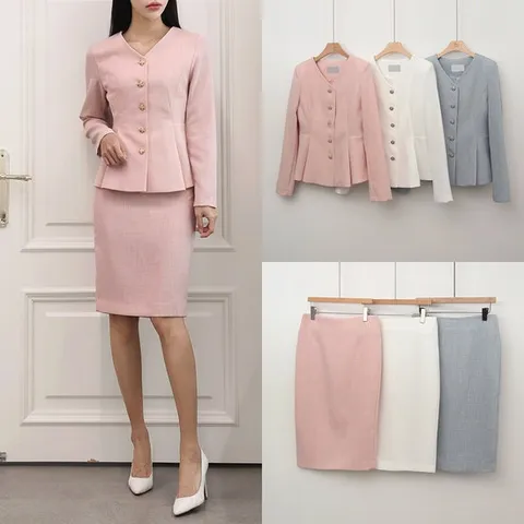 스타일라떼 / 여성 치마정장세트 브이넥 페플럼 자켓 스판 스커트 투피스 셋업수트