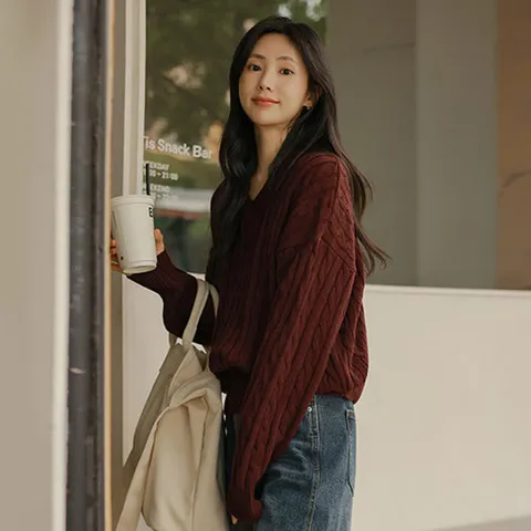 [저스트원] 가을무드2 꽈배기 루즈핏 니트(라운드/브이넥)