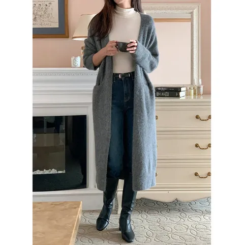 여성 루즈핏 폭스 라쿤 니트 롱 가디건 카디건 아우터