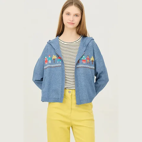 [ 롯데백화점 ][베네통] 린넨 블렌드 자수 후드 니트 가디건 BAKC14511