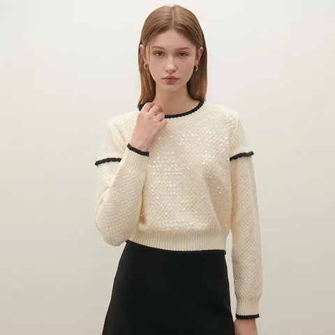 [SATIN] 배색 물결 스팽글 니트 O254T958