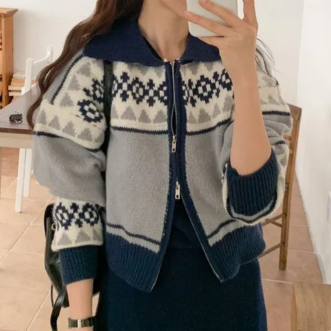 여성 가을 겨울 노르딕 패턴 투웨이 집업 니트 가디건 간절기 VC0123S 빅사이즈 루즈핏