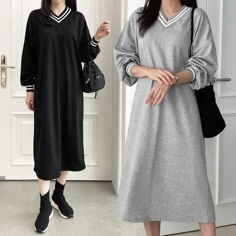 여성 봄 가을 면 배색 브이넥 긴팔 롱 원피스 데일리 캐주얼 간절기 OP0151S 빅사이즈 루즈핏