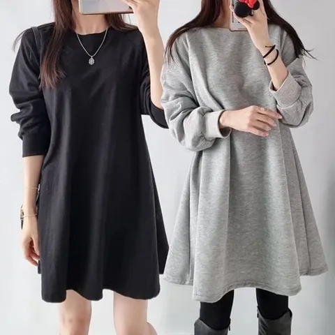 여성 봄 가을 캐주얼 면 무지 라운드 긴팔 플레어 미니 원피스 키작녀원피스 롱티 OP0412S 빅사이즈 루즈핏