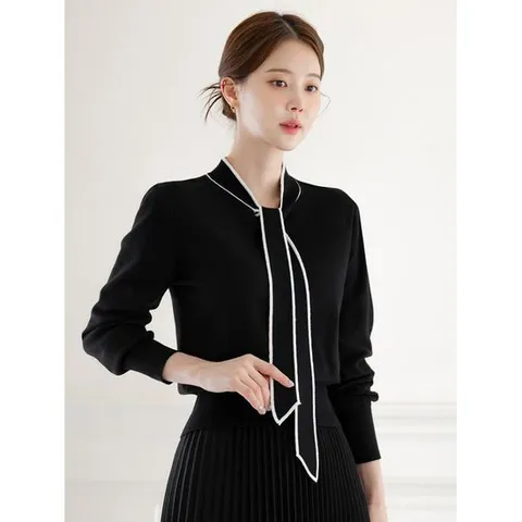 [시크라인](~XXL까지) 배색 타이넥 리본 보리 니트 가을 긴팔 베이직 하객룩 오피스룩 모임룩 격식룩