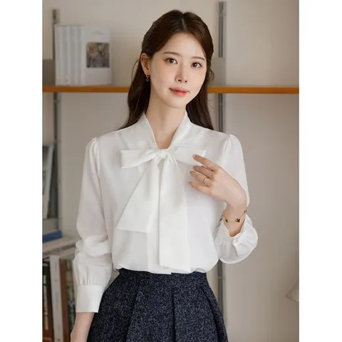 [시크라인](~XXL까지) 타이넥 핀턱 셔링 퍼프 슬리브 블라우스 가을 하객룩 오피스룩 모임룩 격식룩 빅