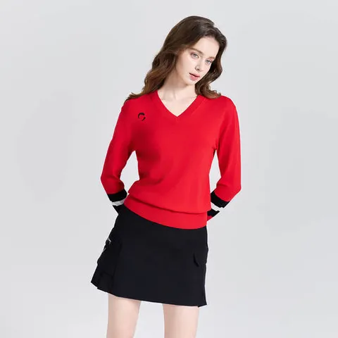 챌린저 여성 소매라인 스트라이프 V넥 니트 풀오버 레드_CHE3WKT5960RD