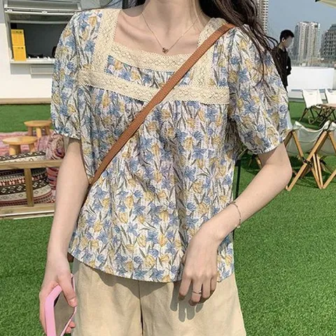 반팔셔츠 여성 스퀘어넥 플라워 반팔 1P 여름 데일리 티셔츠 여자블라우스