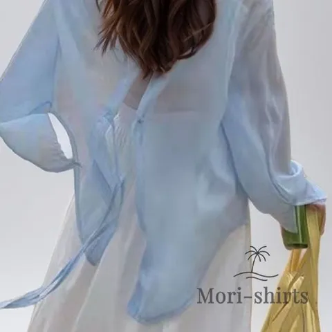 여성셔츠 모리셔츠 스카이 블루 뒤트임 연청 시스루 남방