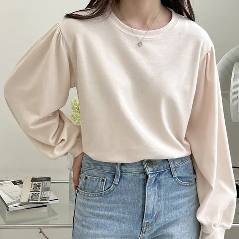 샵앤) 국산 여성 라운드 페미닌 퍼프소매 긴팔 티셔츠 LL-WSH-4831-베이지